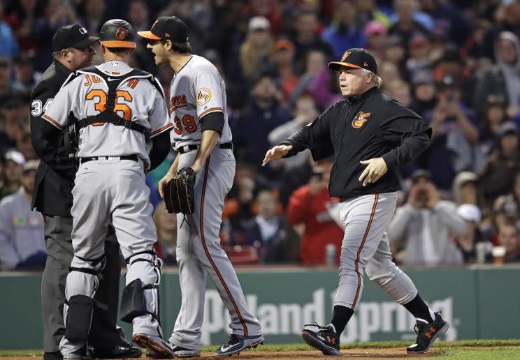 Orioles manager Buck Showalter rushes to home plate after starting pitcher Kevin Gausman was ejected for hitting Xander Bogaerts with a pitch. (AP)