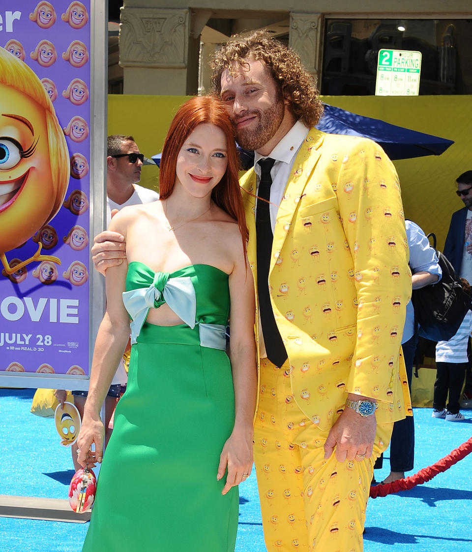 T.J. Miller and his wife, Kate Gorney, at the premiere of <em>The Emoji Movie</em> on July 23, 2017. (Photo: Jason LaVeris/FilmMagic)