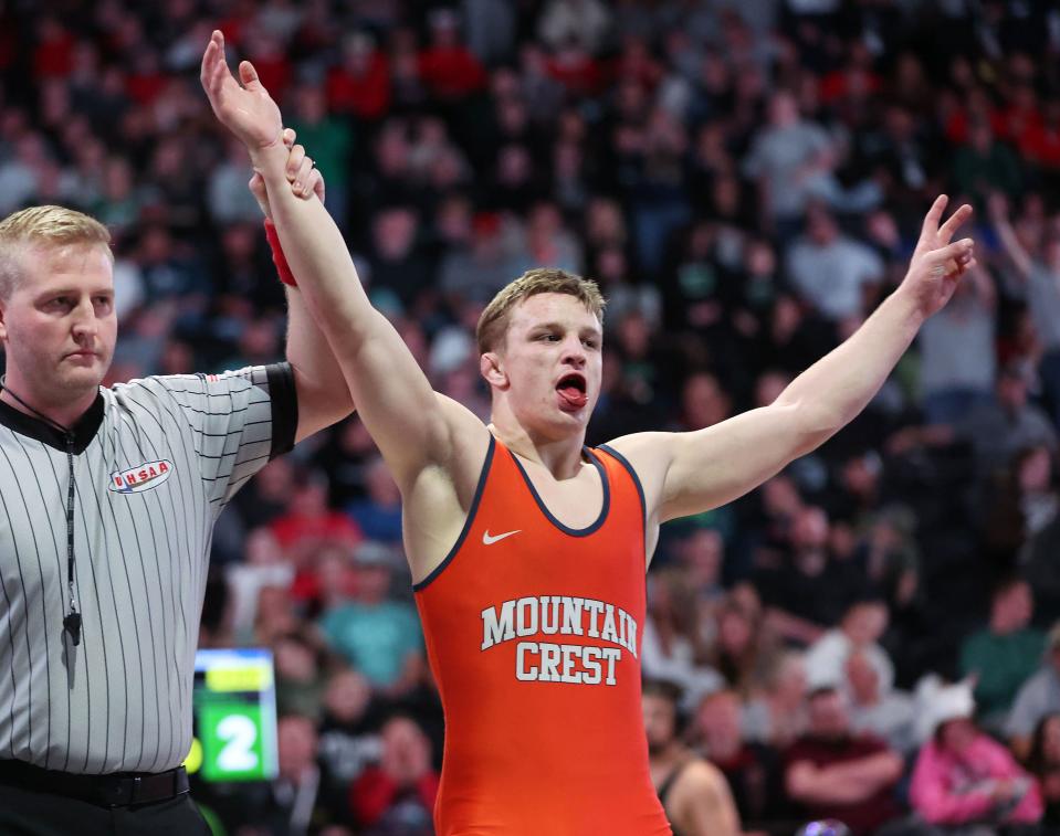 Bridger Thalman, Mountain Crest, celebrates his win in 175 lbs. in the 4A boys wrestling state championships at UVU in Orem on Saturday, Feb. 17, 2024. | Jeffrey D. Allred, Deseret News
