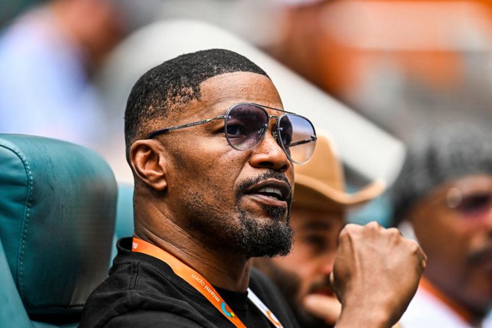 US actor Jamie Foxx attends the mens quater-final match between Christopher Eubanks of the US and Daniil Medvedev of Russia at the 2023 Miami Open at Hard Rock Stadium in Miami Gardens, Florida, on March 30, 2023. (Photo by CHANDAN KHANNA / AFP) (Photo by
