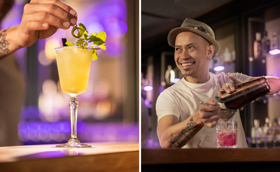 L: A hand placing garnish on a cocktail. R: Mixologist making a cocktail