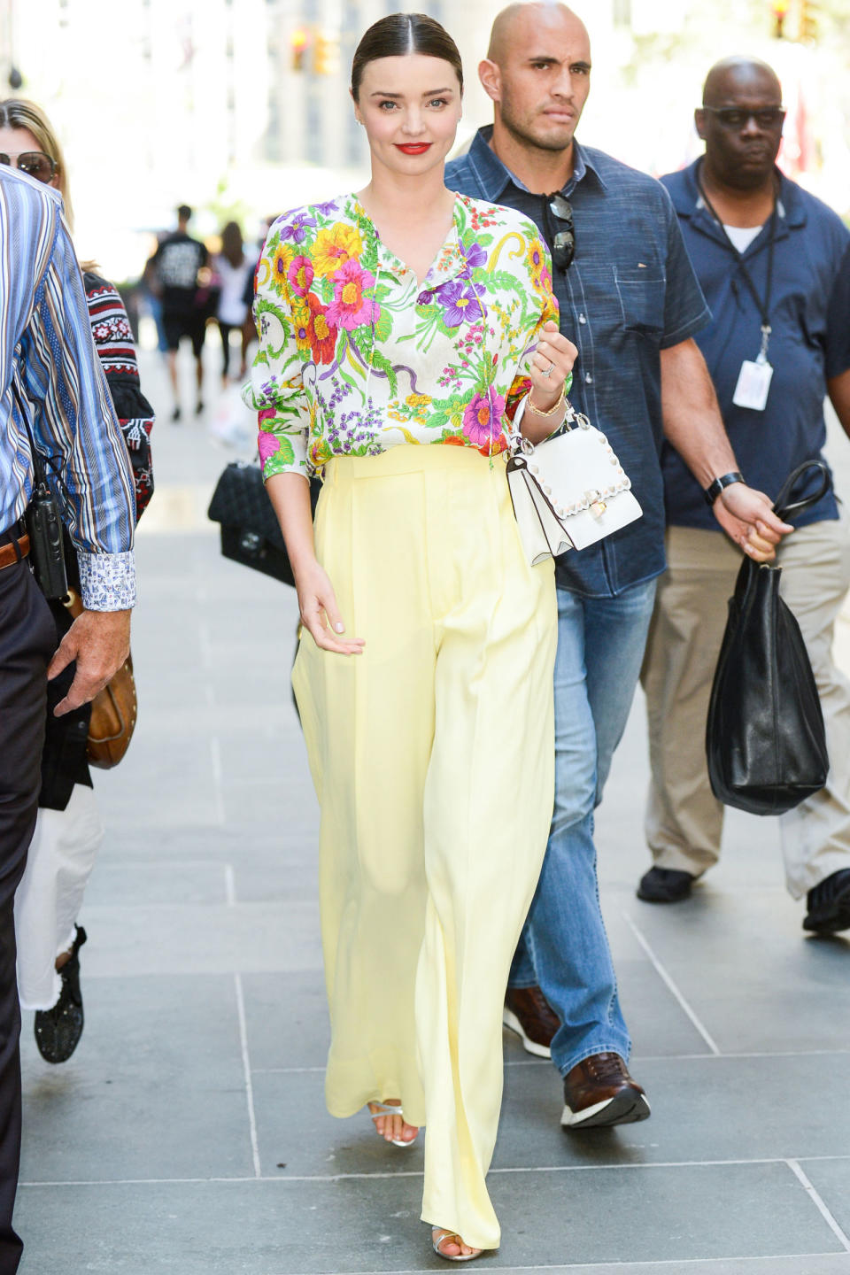 <p><strong>14 September</strong> Miranda Kerr looked summer in a Balenciaga top, Céline trousers, Fendi bag and Aquazzura shoes<span>. </span></p>