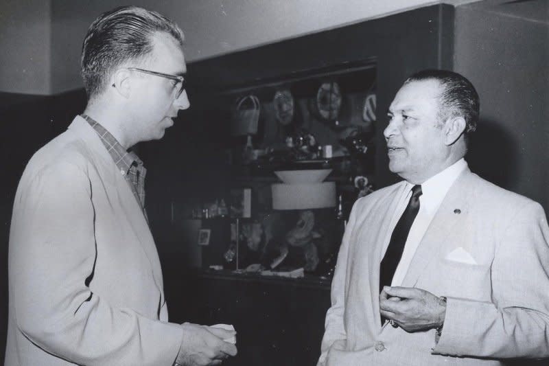 United Press International correspondent Matthew Kenny (L) interviews ousted Cuban dictator Fulgencio Batista. On December 9, 1955, two weeks of bloody student uprisings against Batista appeared to follow the pattern of the student riots that deposed Cuban Dictator Gerardo Machado 22 years ago. Batista would remain in power four more years before losing power to Fidel Castro. UPI File Photo