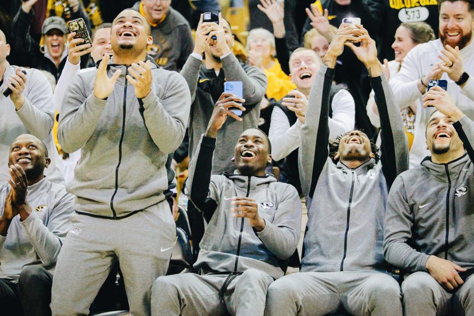 The Missouri men's basketball team reacts as their NCAA Tournament seed is announced during Missouri's NCAA Selection Show watch party on March 12, 2023, at Mizzou Arena.