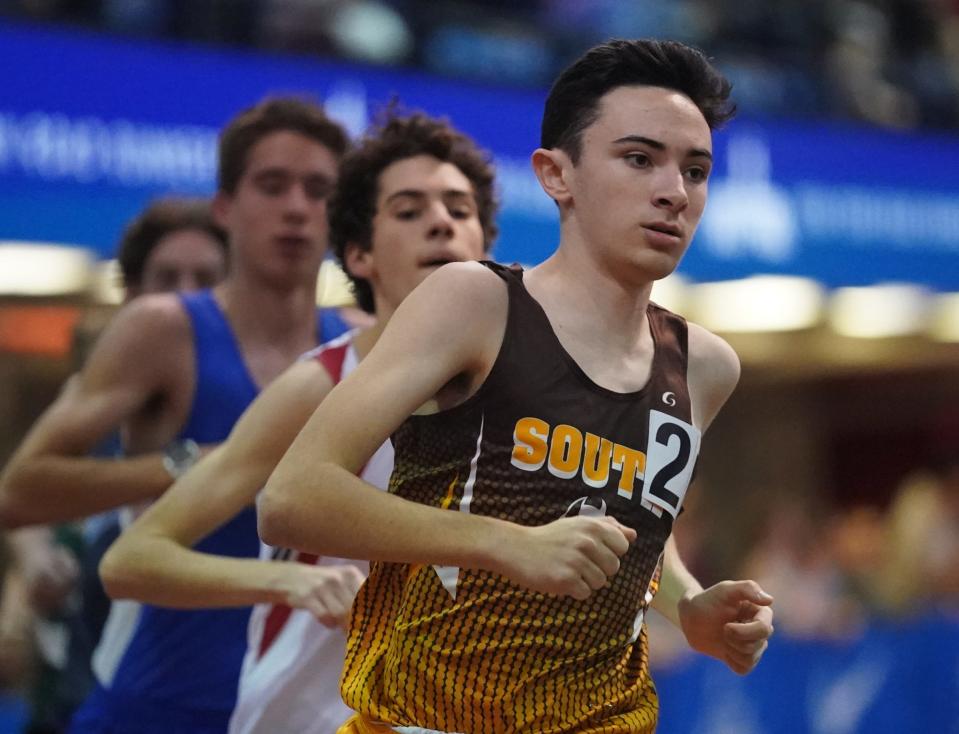 Clarkstown South's Harrison Caprara runs the Class A 3200-meter at the Section 1 Class A & C track and field championships held at The Armory Track & Field Center in New York.  Wednesday, February 8, 2023. 