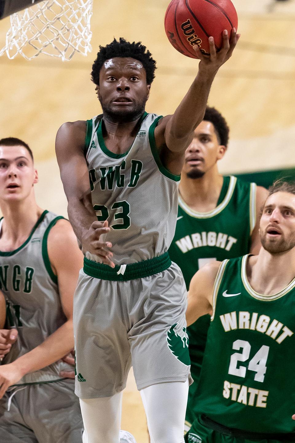 University of Wisconsin Green Bay's Emmanuel Ansong (23) shoots the ball during the game against Wright State, Wednesday, Feb. 9, 2022, at the Resch Center in Ashwaubenon, Wis. Samantha Madar/USA TODAY NETWORK-Wisconsin 