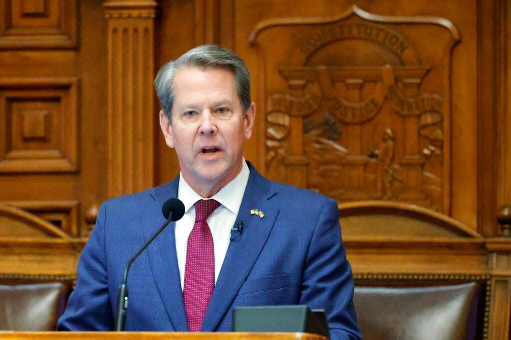 Georgia Gov. Brian Kemp delivers the State of the State address on the House floor of the state Capitol on Wednesday, Jan. 25, 2023 in Atlanta. (AP Photo/Alex Slitz)