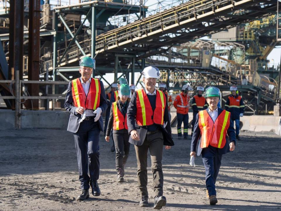  Prime Minister Justin Trudeau arrives with Rio Tinto chief executive Jakob Stausholm, left, and Industry Minister Francois-Philippe Champagne, right, tp tour a pilot project for a blue smelting facility at the Rio Tinto plant in Sorel, Que., in 2022.