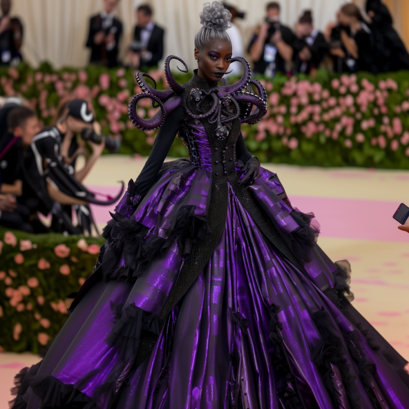 Person in an elaborate tentacle-inspired dress at an event