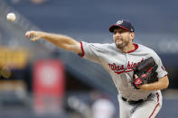 Washington Nationals starter Max Scherzer pitches against the Pittsburgh Pirates in the first inning of a baseball game Thursday, Aug. 22, 2019, in Pittsburgh. (AP Photo/Keith Srakocic)