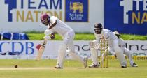 West Indies captain Kraigg Brathwaite, plays asshot during the day three of their second test cricket match against Sri Lanka in Galle, Sri Lanka, Wednesday, Dec. 1, 2021. (AP Photo/Eranga Jayawardena)