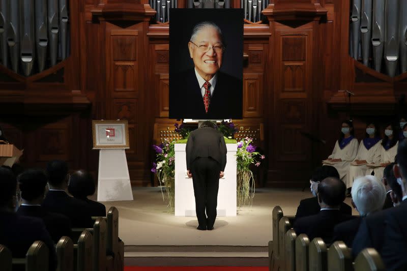 Taiwan President Tsai Ing-wen attends a memorial service for late Taiwan president Lee Teng-hui at a chapel of Aletheia University in New Taipei City