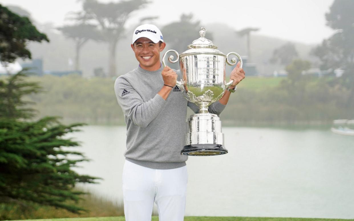 Collin Morikawa poses with the Wanamaker Trophy after winning the 2020 PGA Championship golf tournament at TPC Harding Park. - Kyle Terada-USA TODAY