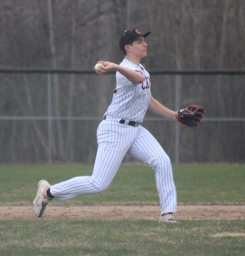 Cheboygan senior shortstop Jacob Jankoviak makes a throw to first base during game one against Rudyard.