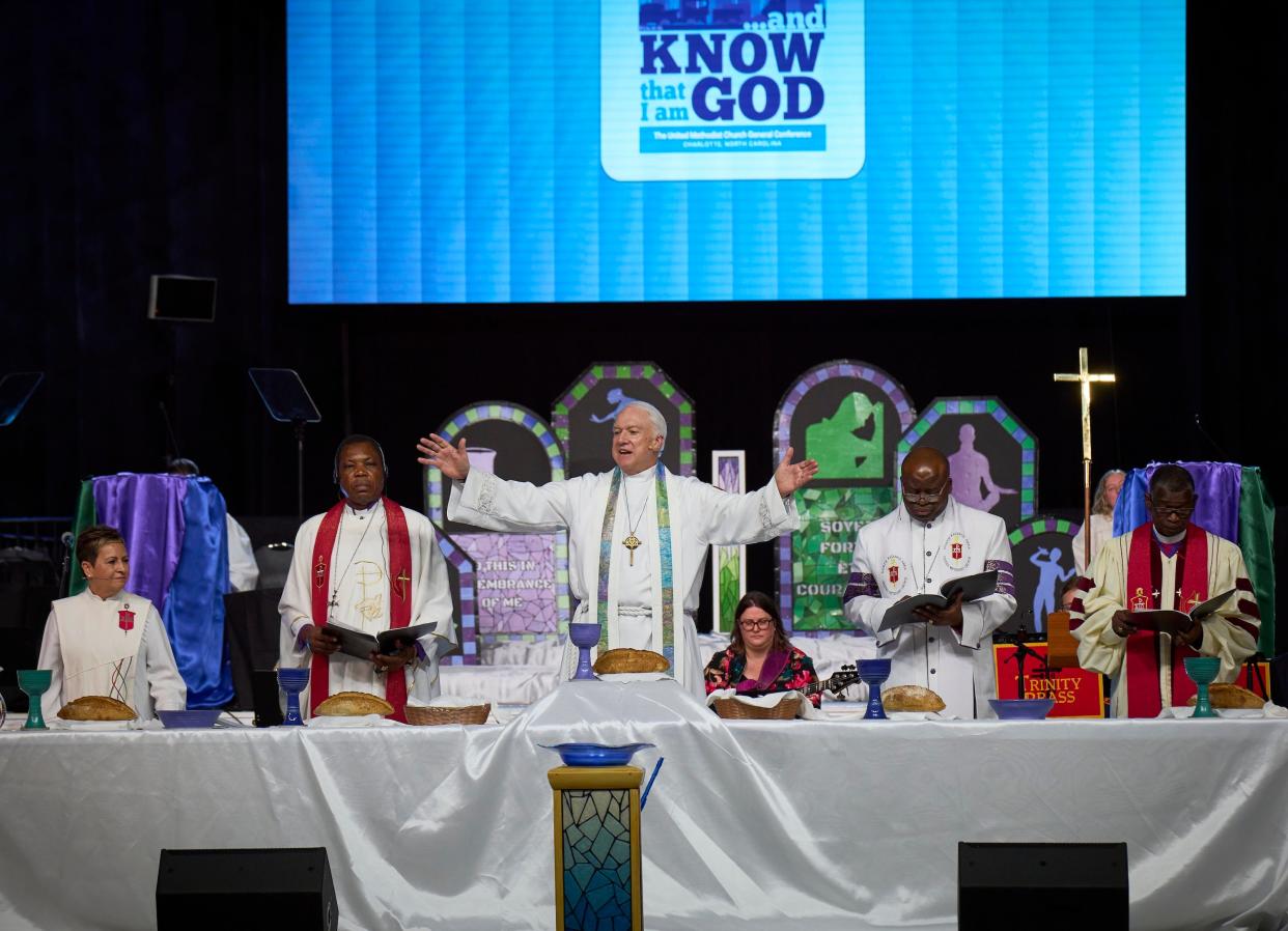 Opening worship at the United Methodist Church General Conference in Charlotte, North Carolina, on April 23, 2024. The general conference hasn't gathered for a regular session in eight years, setting up the denomination's top legislative meeting to be historic.
