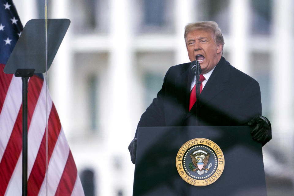 Then-President Donald Trump speaks during a rally protesting the Electoral College certification of Joe Biden's win in the 2020 presidential race on Jan. 6, 2021. / Credit: Evan Vucci / AP