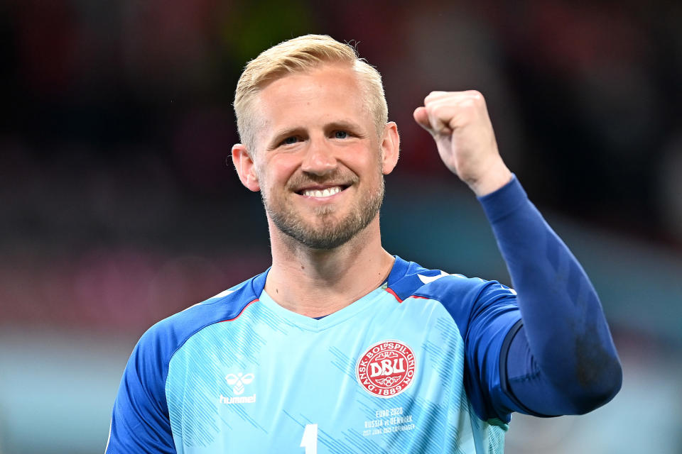 Goal Keeper Kasper Schmeichel pumps his fist