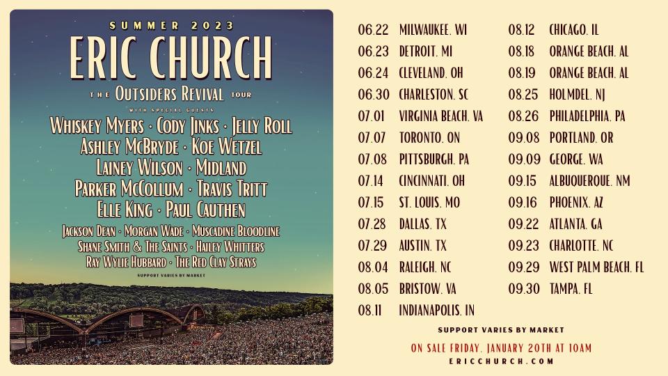 Country music superstar Eric Church has announced 27 shows scheduled for June to October this year.