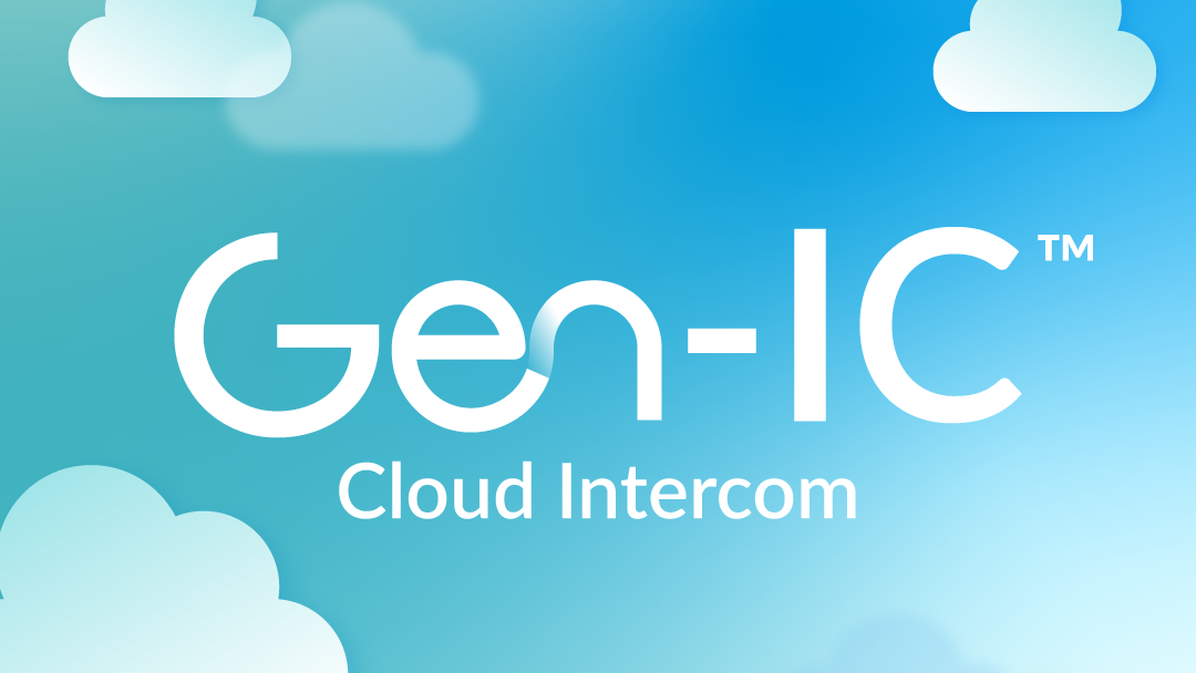  The logo for Gen-IC Cloud Intercom on a blue sky and white cloud background. . 