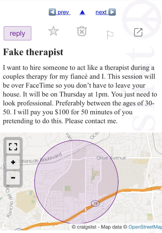 Someone trying to hire a fake therapist
