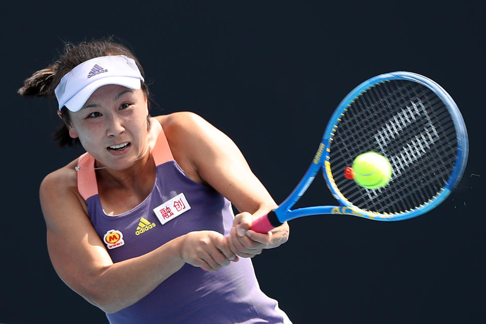 Shuai Peng of China plays a backhand on day two of the 2020 Australian Open on January 21, 2020 in Melbourne, Australia. (Photo by Mark Kolbe/Getty Images)