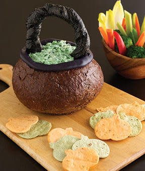 Spooky Spinach Dip in Bread Bowl Cauldron