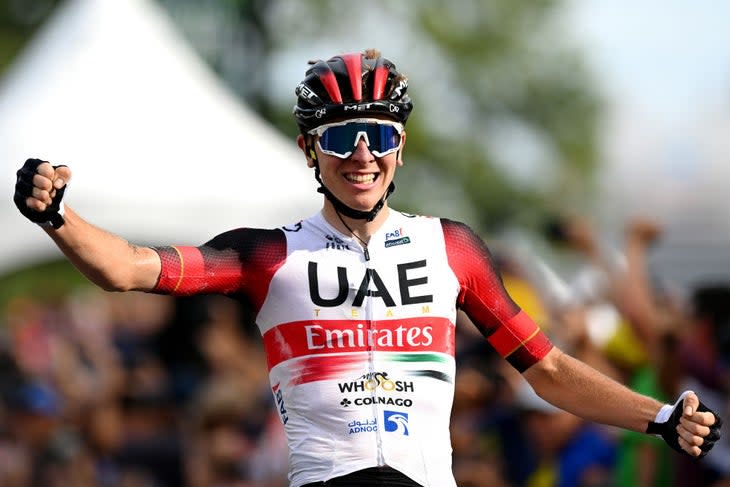 <span class="article__caption">Pogacar celebrating victory in Montreal. (Photo by Dario Belingheri/Getty Images)</span>