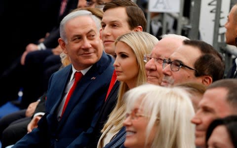 Israel's Prime Minister Benjamin Netanyahu (L), Senior White House Advisor Jared Kushner, and Ivanka Trump attend the opening of the US embassy in Jerusalem - Credit:  MENAHEM KAHANA/AFP