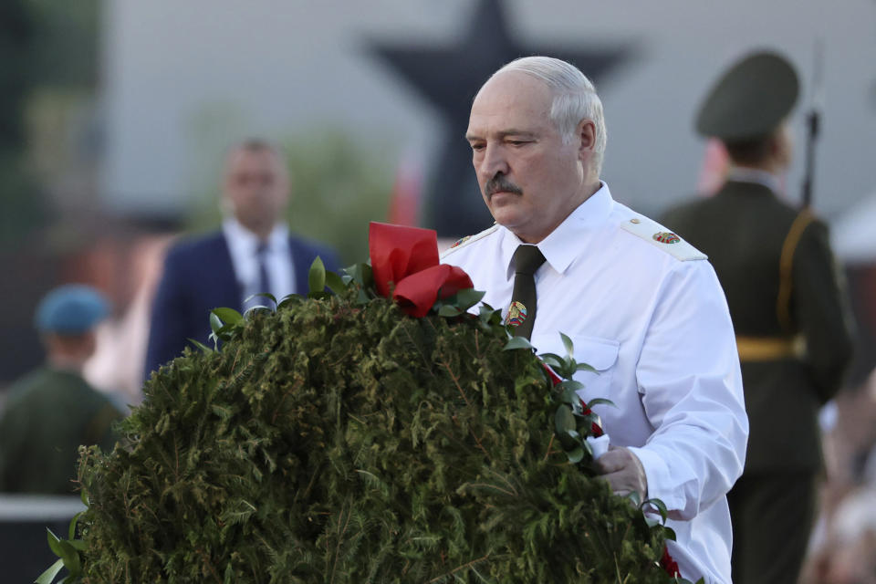 Belarusian President Alexander Lukashenko attends a ceremony to mark the 80th anniversary of Germany's attack on the Soviet Union in World War II in the Brest Fortress memorial 360 km (225 miles) southwest of Minsk, Belarus, Tuesday, June 22, 2021. (Maxim Guchek/BelTA Pool Photo via AP)