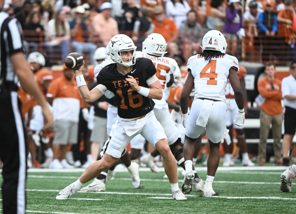 AUSTIN, TX - APRIL 20: Texas Longhorns QB Arch Manning throws a pass during the Orange-White spring game on April 20, 2024, at Darrell K Royal-Texas Memorial Stadium in Austin, TX. (Photo by John Rivera/Icon Sportswire via Getty Images)