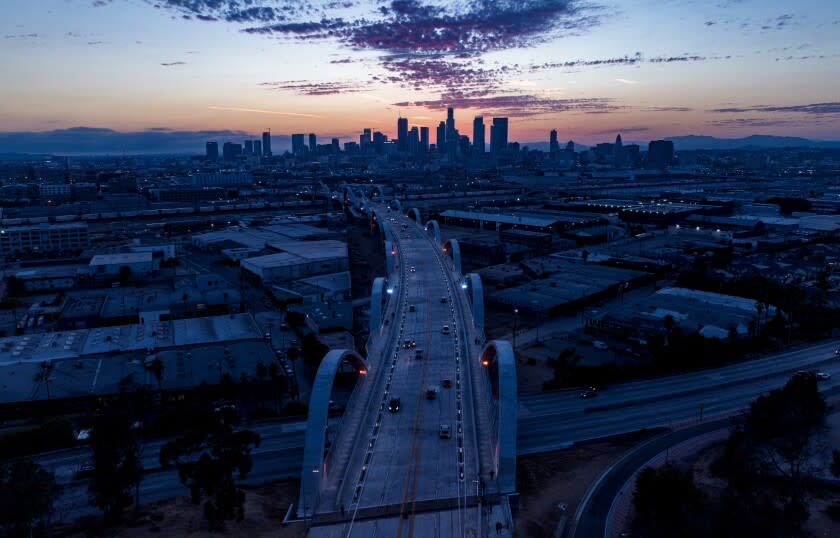 Los Angeles, CA - July 27: The new 6th Street Bridge has been closed intermittently since opening due to street racing and other illegal activity on Wednesday, July 27, 2022 in Los Angeles, CA. (Brian van der Brug / Los Angeles Times)