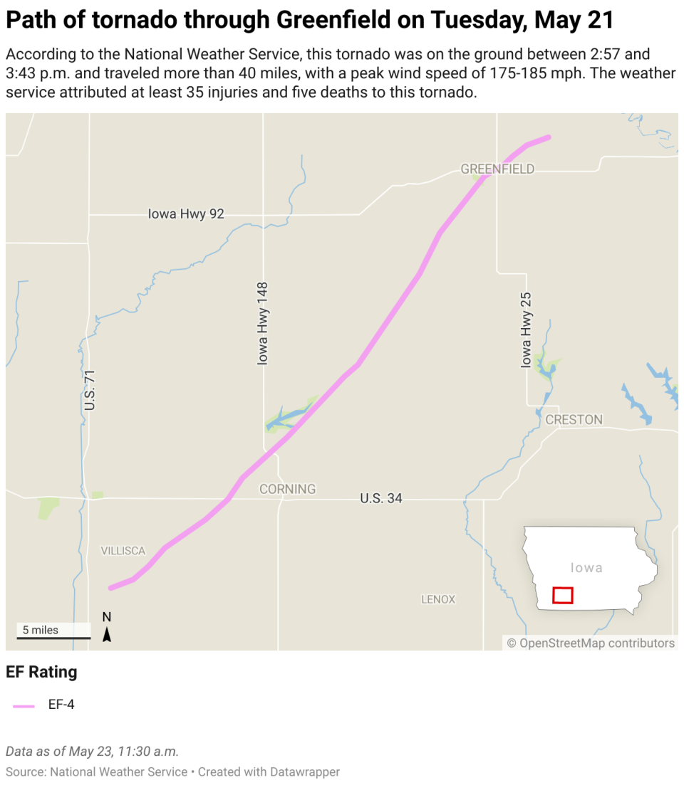 A map of Adams County, Iowa showing the path of a tornado beginning south of Red Oak and traveling northeast, past Stanton and Villisca, before ending north of Corning.