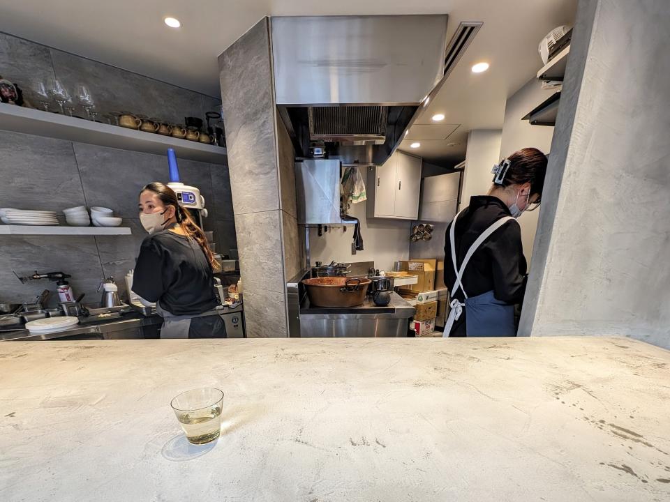 A view of the chefs preparing desserts at Azuki to Kouri  in Tokyo