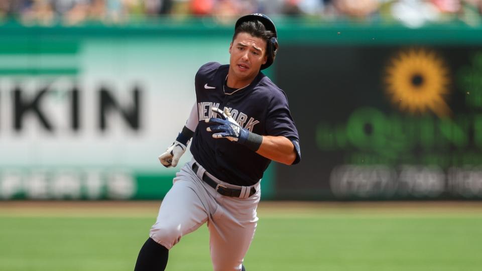 Mar 25, 2023;  Clearwater, Florida, USA;  New York Yankees shortstop Anthony Volpe (77) triples against the Philadelphia Phillies in the first inning during spring training at BayCare Ballpark.  Mandatory Credit: Nathan Ray Seebeck-USA TODAY Sports