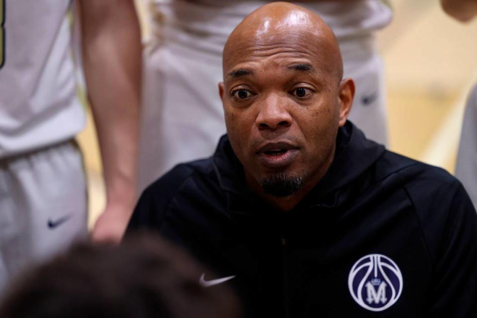 Coach Terrance Harris talks during a time out. Mission Prep won 62-51 over Independence basketball playoff Feb. 15, 2024.