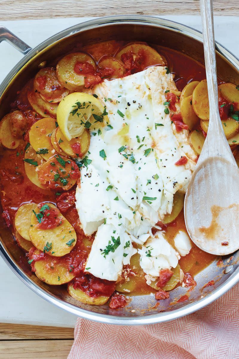 Cod with Garlicky Tomatoes and Potatoes
