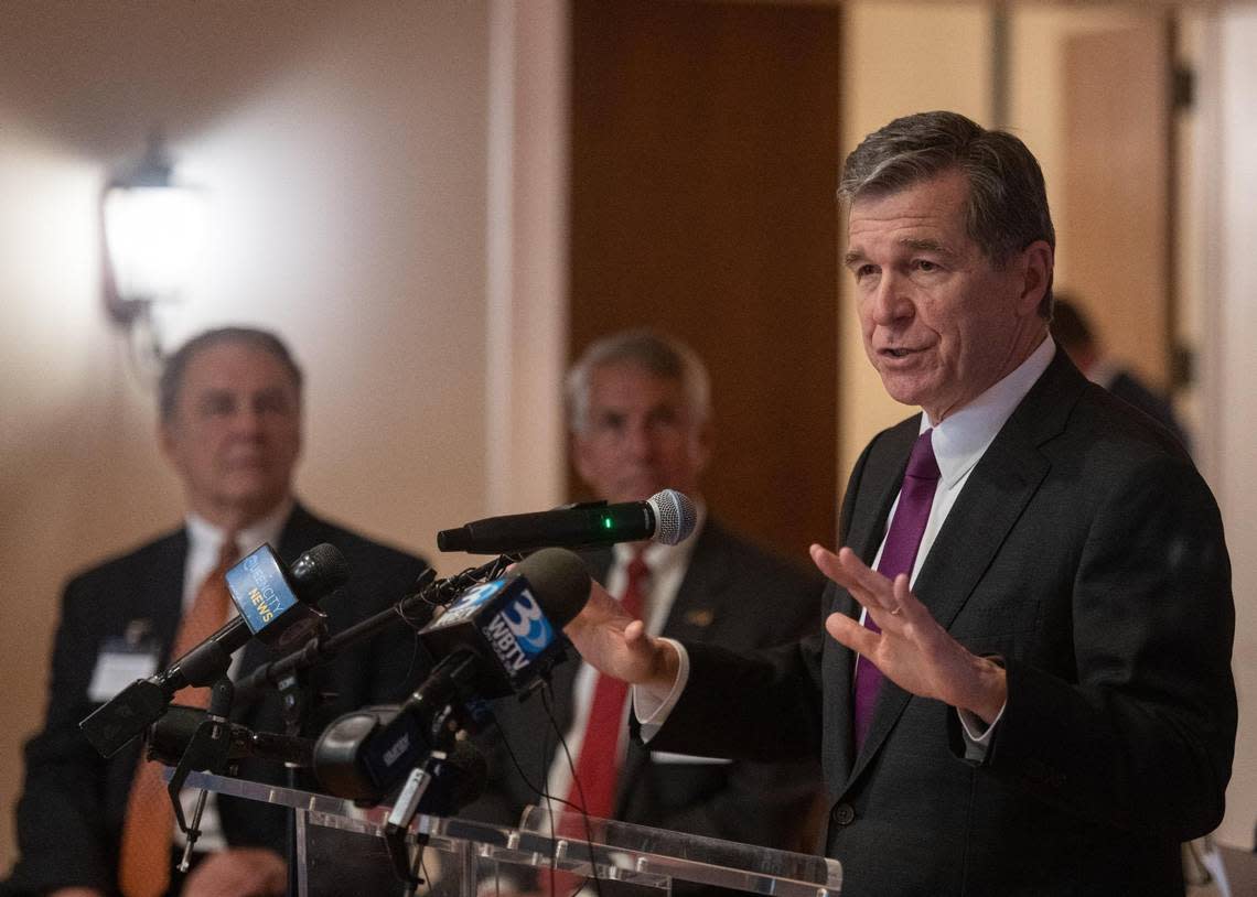 North Carolina Governor Roy Cooper delivers remarks at the Cabarrus Country Club alongside members of local government and Eli Lilly and Company before a groundbreaking ceremony for a new pharmaceutical manufacturing plant Tuesday June 14, 2022 in Concord, North Carolina.