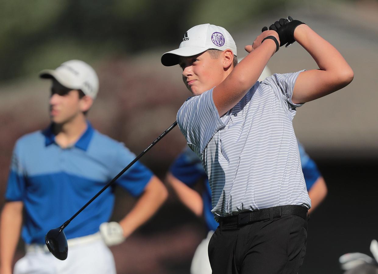 Jackson’s Jordan Kish tees off on hole one at Shady Hollow Country Club while playing against Lake Tuesday, September 28, 2021. 