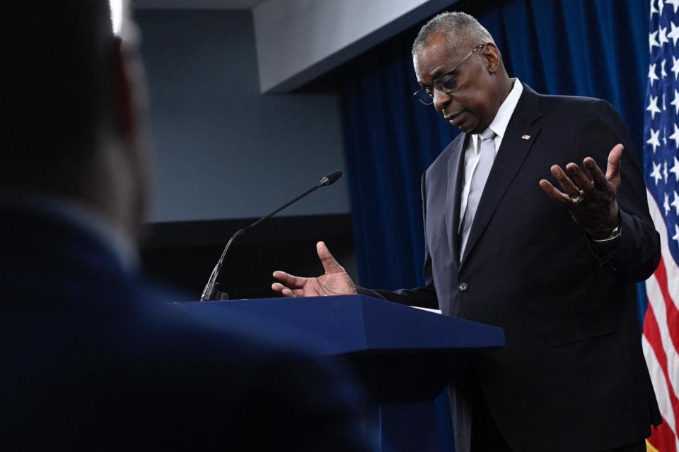 PHOTO: Defense Secretary Lloyd Austin speaks during a press conference at the Pentagon, Feb. 1, 2024, in Arlington, Va. (Andrew Caballero-Reynolds/AFP via Getty Images)