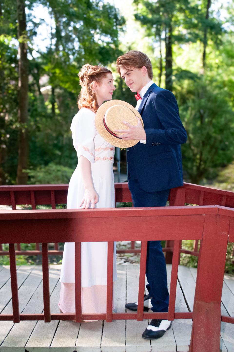 Librarian Marian Paroo (Emily Weller) with music man Harold Hill (Grantham Durham) courting at the footbridge in the family favorite musical, “The Music Man,” being presented by the Leon High Choral Department June 27-July 7, 2024.