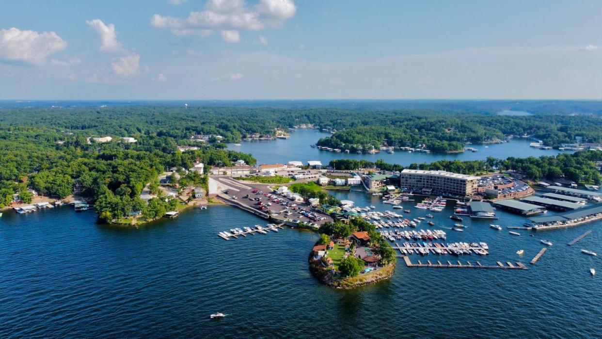 an aerial view of a city on an island