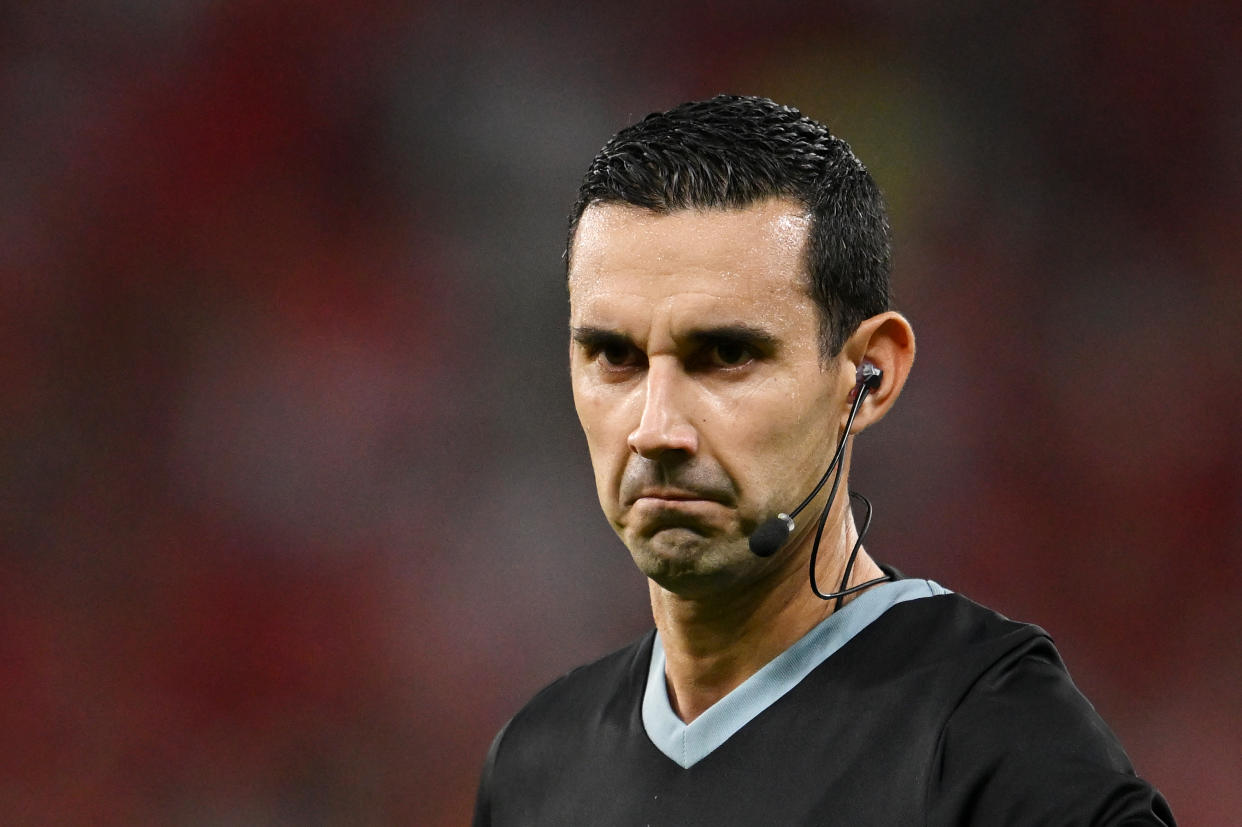 DOHA, QATAR - NOVEMBER 27: Referee Cesar Arturo Ramos Palazuelos reacts during the FIFA World Cup Qatar 2022 Group F match between Belgium and Morocco at Al Thumama Stadium on November 27, 2022 in Doha, Qatar. (Photo by Clive Mason/Getty Images)