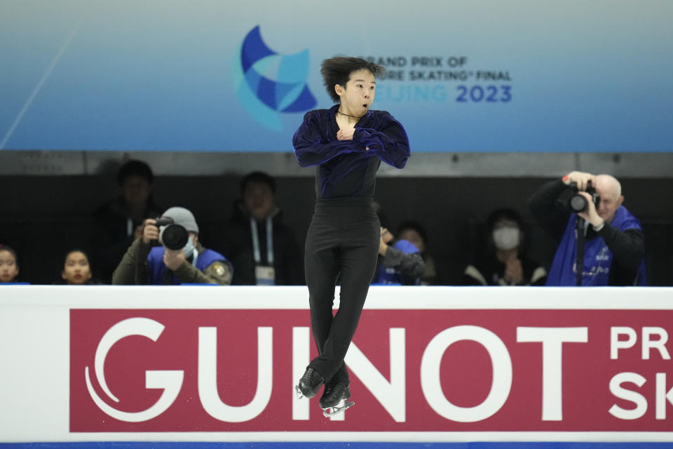 Bronze medalist Japan's Yuma Kagiyama performs his Free Skating routine for the Men's Final in the ISU Grand Prix of Figure Skating Final held in Beijing, Saturday, Dec. 9, 2023. (AP Photo/Ng Han Guan)