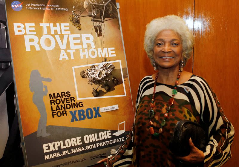 FILE PHOTO: Actor Nichols, who played the character Uhura in the original "Star Trek" TV series, poses at NASA's Jet Propulsion Lab in Pasadena