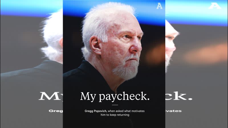 波波維奇（Gregg Popovich）在媒體日時誠實地表示，讓他繼續在馬刺執教的動力就是薪水。（圖／翻攝自The Athletic NBA推特）