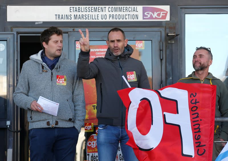 French SNCF workers gather and vote at a railway station as the strike to protest against French government's pensions reform plans continues, in Marseille