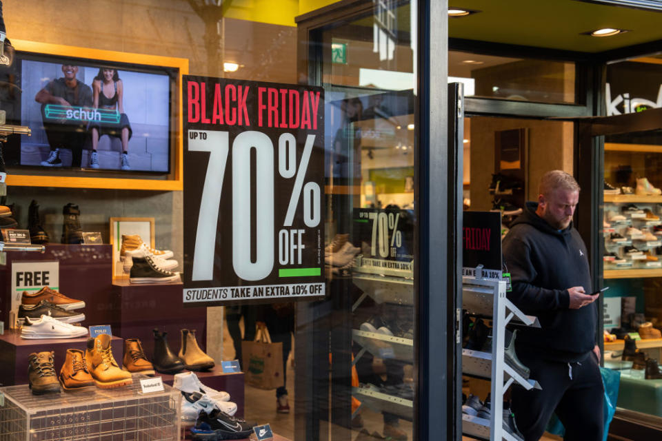 COLCHESTER, ENGLAND - NOVEMBER 25: A shop advertises Black Friday Sales on November 25, 2022 in Colchester, England. The day of discounts originated in the United States and has became increasingly popular in the UK with many retailers and e-commerce platform announcing discounts in the weeks leading up to the day. (Photo by Carl Court/Getty Images)