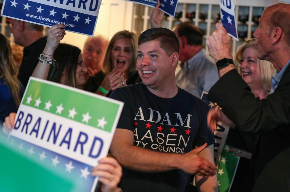 Adam Aasen celebrates being elected to Carmel City Council during a watch party at the restaurant he owns, DonatelloÕs Italian Restaurant in Carmel, Ind., Tuesday, May 7, 2019.