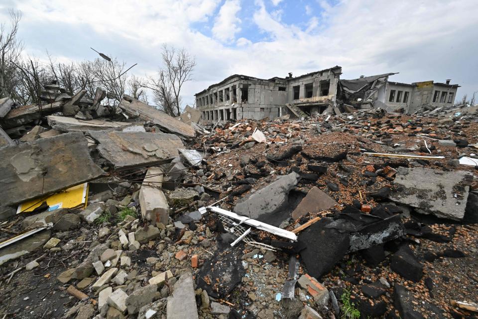 This photograph taken on April 9, 2023, shows a school destroyed by Russian shelling in the Ukrainian village of Zelenyi Hai in the Mykolaiv region.