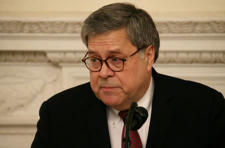 FILE PHOTO: Attorney General William Barr delivers remarks to the National Association of Attorneys General in the State Dining Room ahead of President Trump at the White House in Washington, U.S., March 4, 2019. REUTERS/Leah Millis